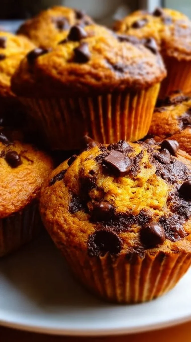 Freshly baked moist pumpkin chocolate chip muffins on a wooden table