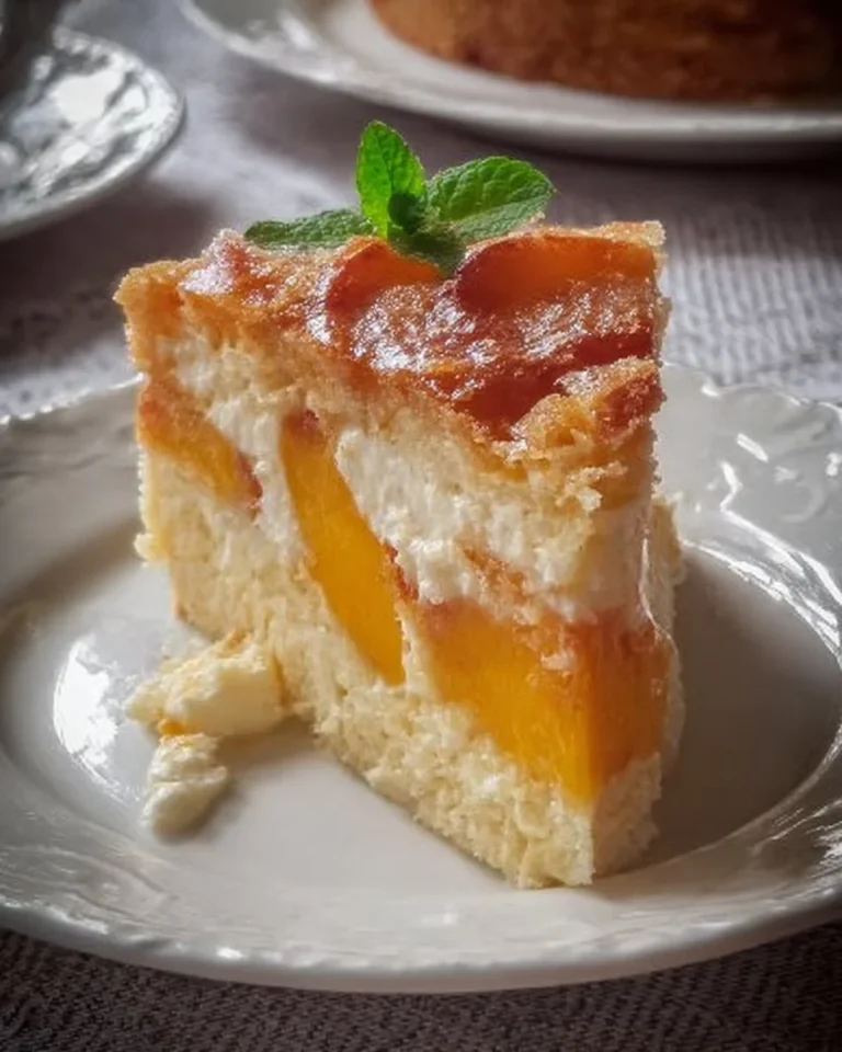Delicious slices of Peaches and Cream Cake with fresh peaches and creamy frosting