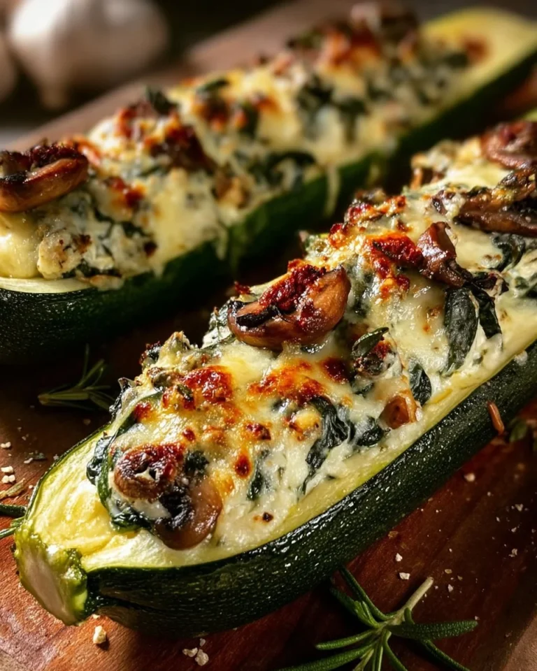 Spinach, mushroom, and ricotta stuffed zucchini served on a plate